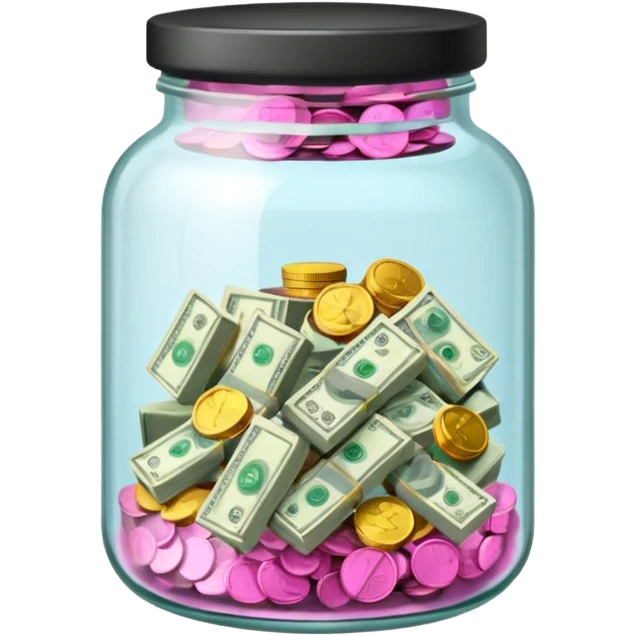 glass tip jar emoji style, simple with cash and coins pink emoji