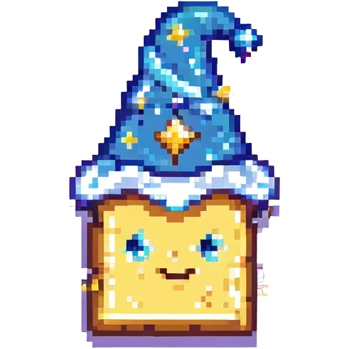 whimsical pixel art butter slice with a starry wizard hat and magical sparkles emoji