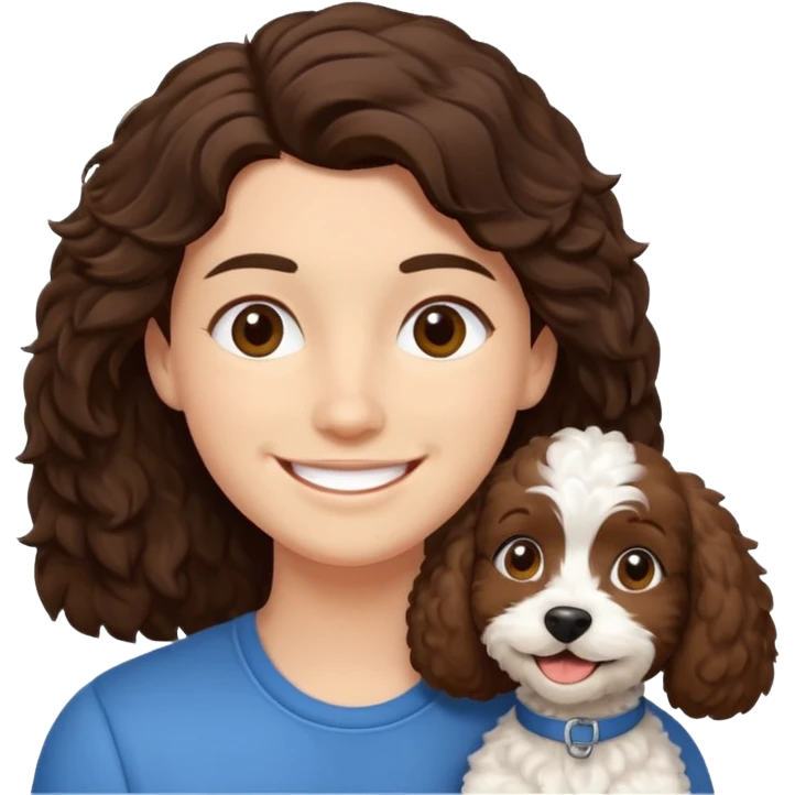 emoji of brunette man, brunette woman and cockapoo emoji