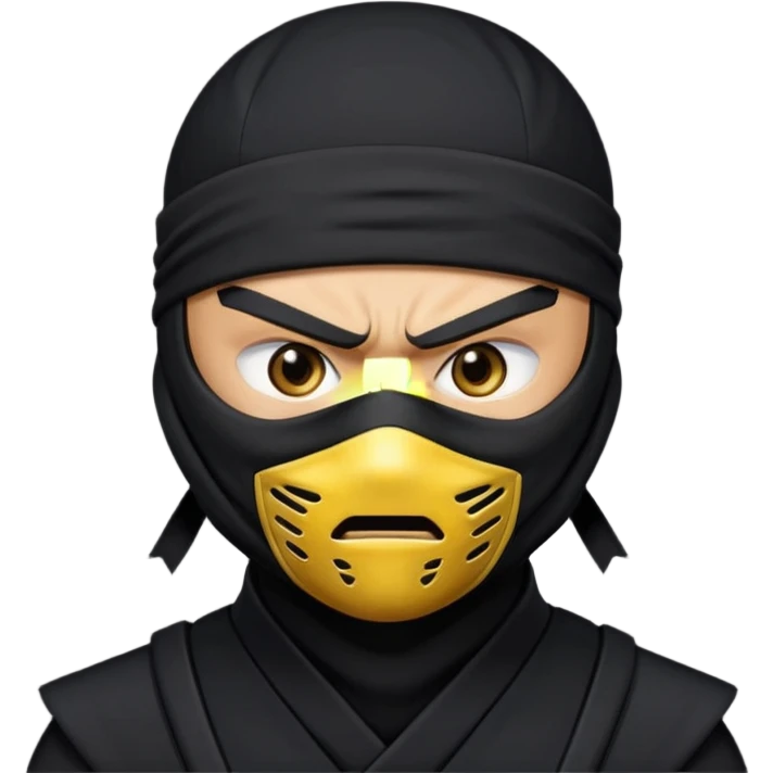 angry ninja face emoji, classic yellow emoji style, all black ninja mask, no mouth visible, scowling eyes, black ninja headband tie emoji