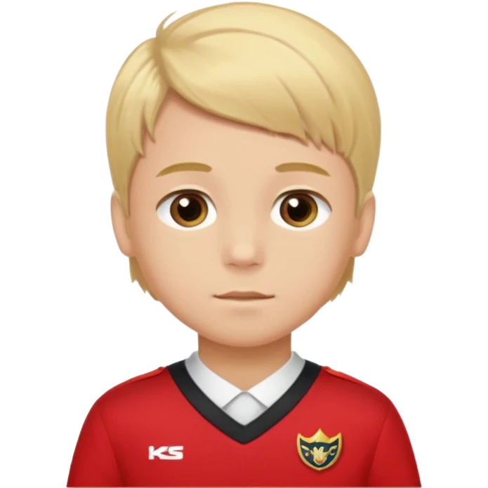 SARI SAÇLI SAÇININ YARISI SOLA DOĞRU DİĞERİNİN SAĞ TARAFTA AMA DÜZ DURAN KAHVERENGİ GÖZLÜ UZUN KİRPİKLİ BUĞDAY RENKLİ KIRMIZI ÜNİFORMALI BİR ERKEK ÇOCUK emoji