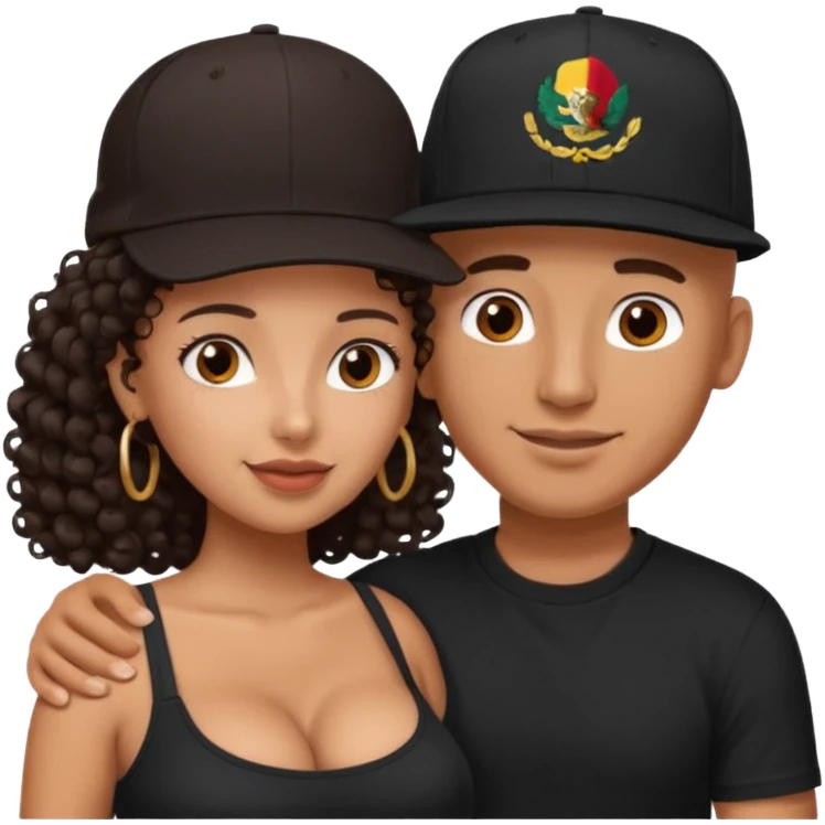 A picture of an embracing tanned couple. the man is a Mexican man with tanned skin, with a bald hair cut wearing a SnapBack hat and a black shirt. the woman has curly longer dark brown hair, thick and with big boobs   emoji