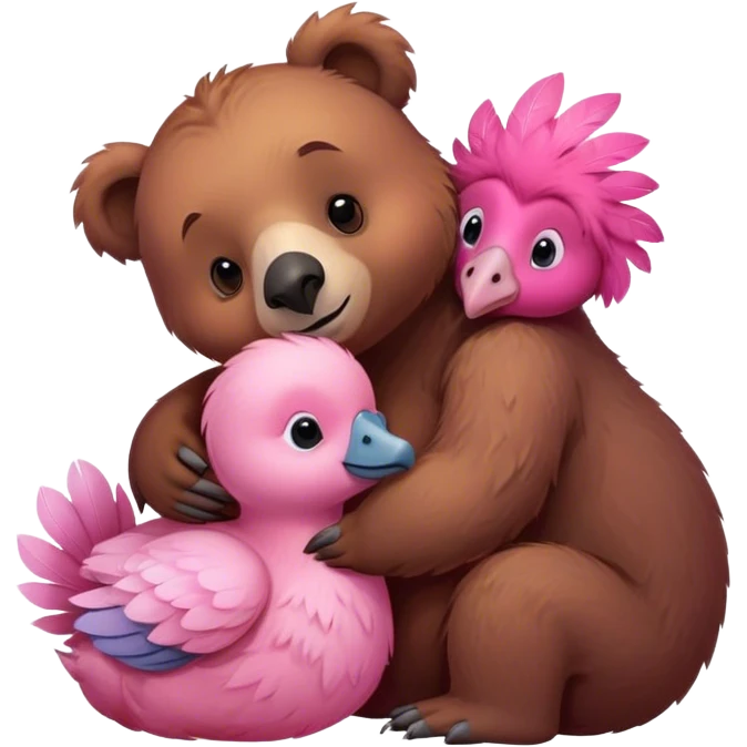 A cute realistic brown bear and a realistic cute pinkdodo closely snuggled together emoji