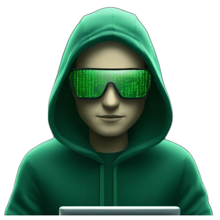 Matrix hacker with black sweat and green code glass reflects and in front of a computer emoji