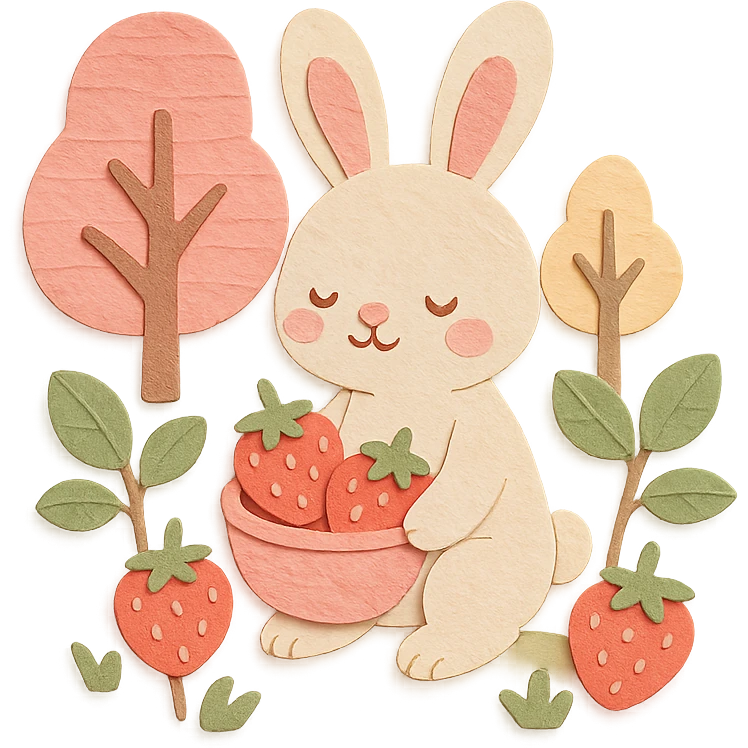 A bunny picking strawberries in the woods, sweet pastel red theme, soft pastel colors, paper-craft style, transparent background emoji