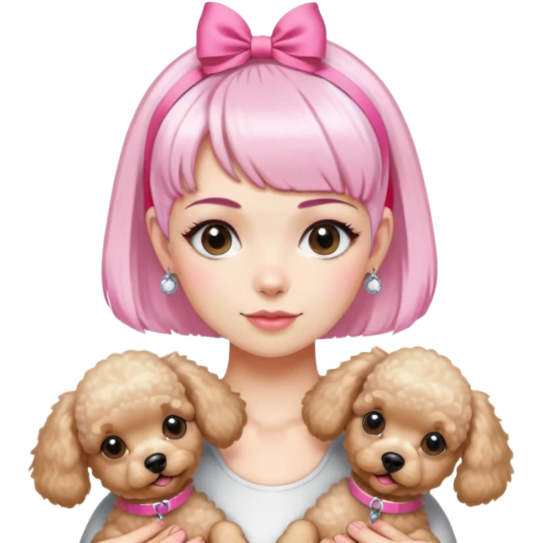 short pixie bangs platinated woman pink hair band，fair-skinned ,no earringsholding two poodles emoji