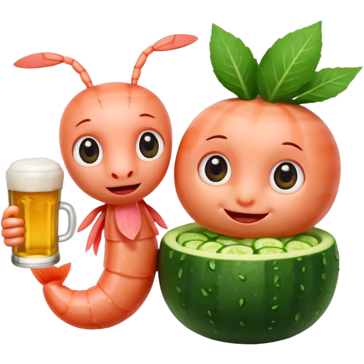 Emoji-style food mascots, NOT human.
Two cute shrimp characters, simple cartoon faces, big round eyes, small smiles.
One shrimp holding a beer mug with foam, the other holding an aguachile bowl with cucumber and chili.
Flat + soft 3D style, clean shapes, no human facial details, no realistic skin.

 emoji