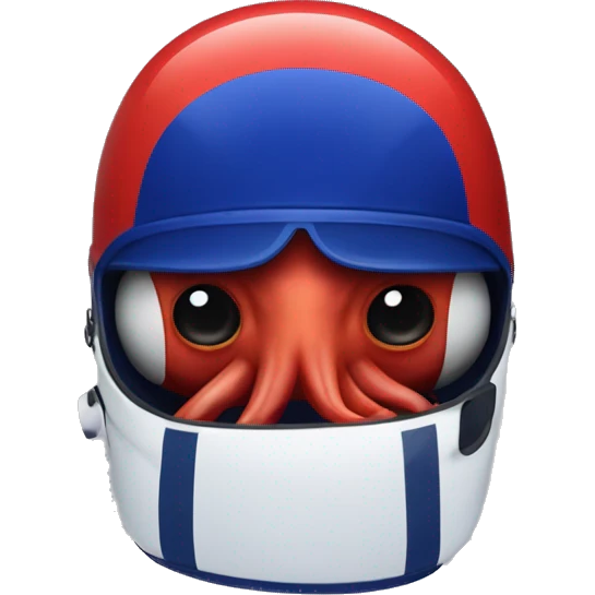 Red octopus with royal blue racing helmet with a white thick stripe vertically in the middle accross the helmet and navy blue visor emoji