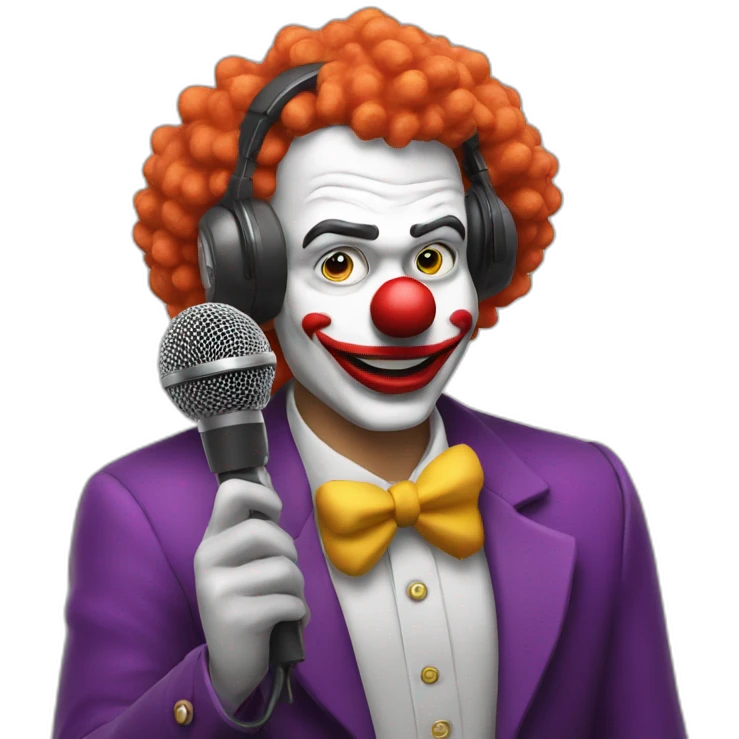 radio presenter with microphone in his hand dressed as clown emoji