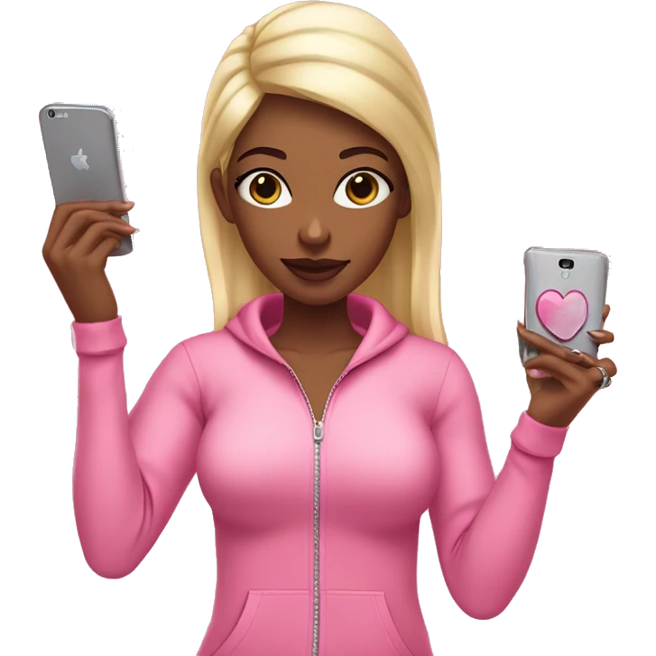 Standing girl emoji: pink tracksuit, hoop earrings, pink lips, lashes, nails. Poses: peace sign, nails, phone, arms crossed." emoji