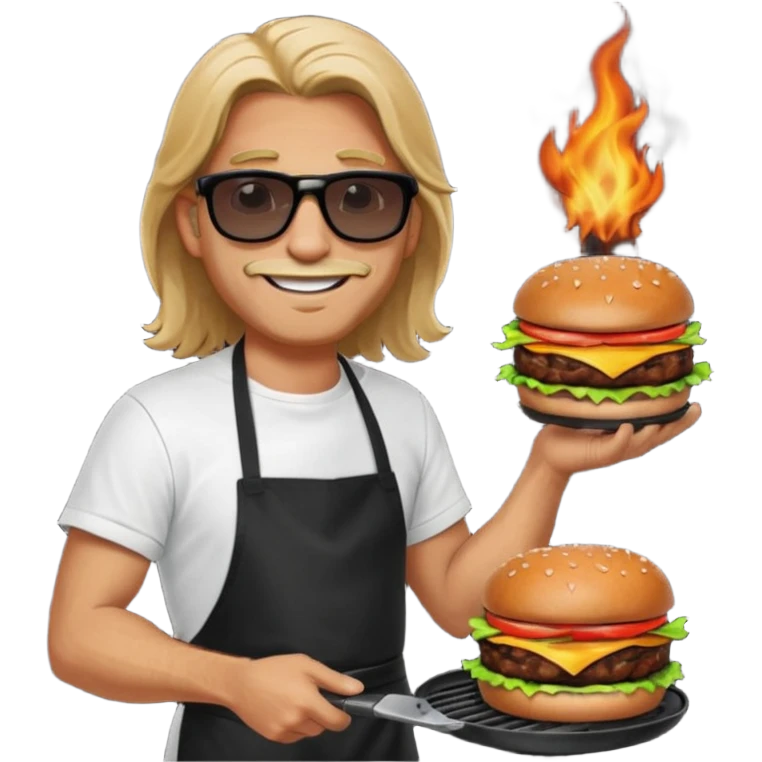 long hair man grilling wearing shade smiling in a white tshirt and a black apron grilling burger and meat on a sizzling grill emoji