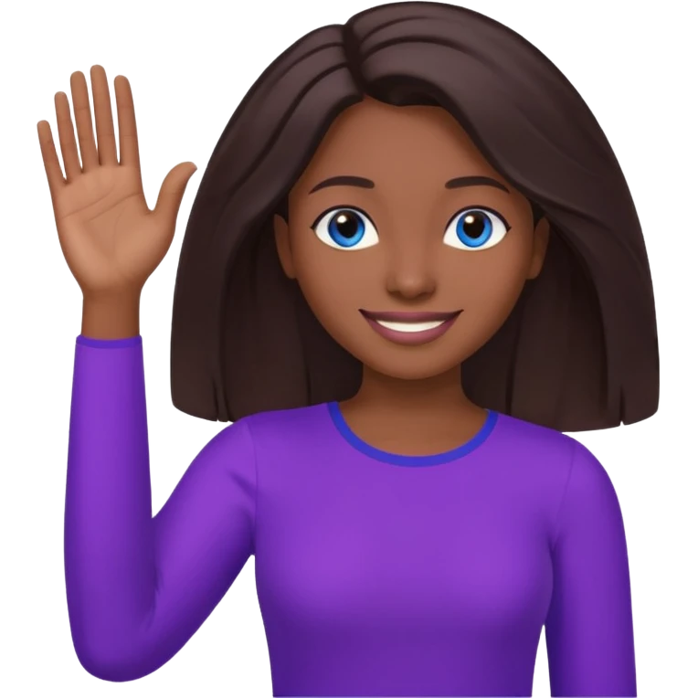 Dark brown hai woman with shoulder-length hair, blue eyes, wearing a purple top, smiling with one hand raised to the side, palm facing up. The gesture looks like she’s presenting something, offering help, or saying “Here you go!”

 emoji