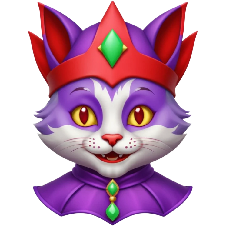 crazy colorful cute little cat jolly joker from poker, medieval, vintage, court jester, mac os icon, purple and red color, silver inserts, half body emoji