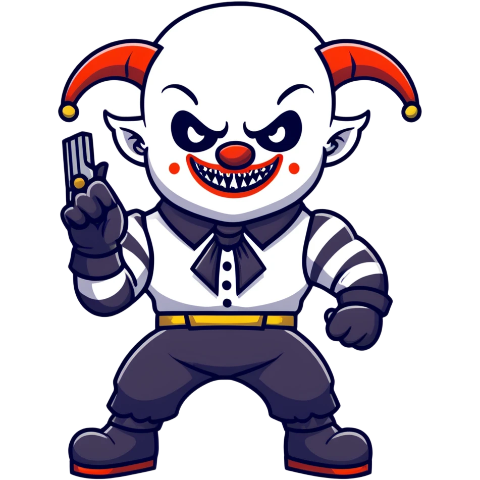 full-body muscular demonic clown in a black and white leisure suit with bellbottom pants, bald, with black ram horns, flashy black and white belt, ruffled white shirt, no neck tie, large fangs, holding a very large futuristic rifle emoji