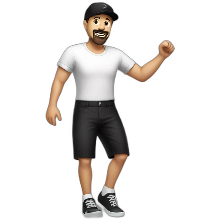 white man with black goatee, cap and short shorts, dancing emoji