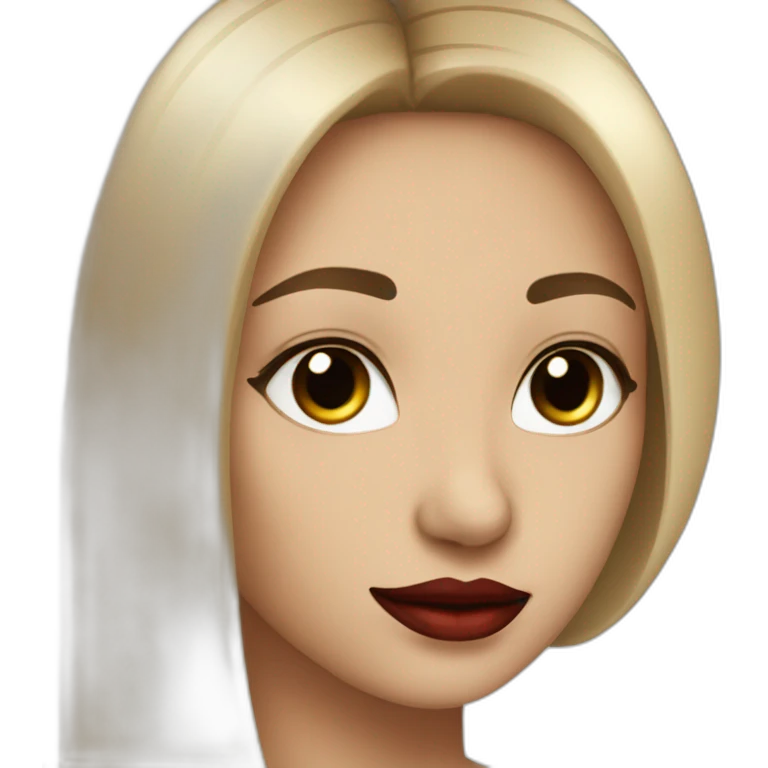 straight hair with black color ,red lipstick,black eyes, white skin and a small nose emoji