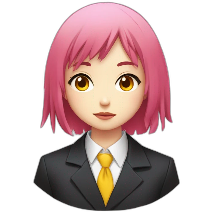 (gril) makima from the manga chainsawman with pink/red hair fringe, yellow eyes with a circle inside and a white shirt with a tie and a black straight coat emoji