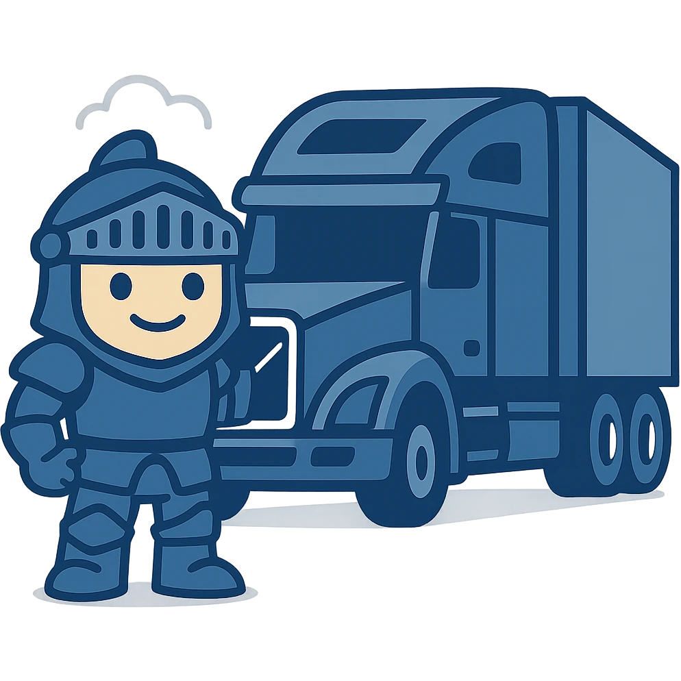 Add color to Casper's knight armor and accessories in cartoon style, keep Casper the same size as the white semi truck, transparent background. emoji