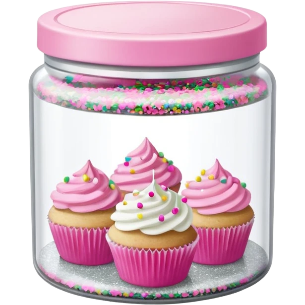 silver glitter in a small clear circular container with white lid, can of sprinkles, and pink cupcakes (all isolated)  emoji