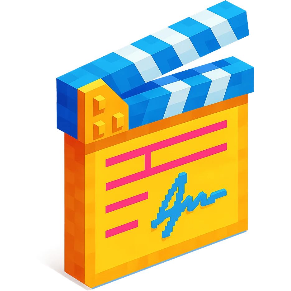 voxel style movie clapperboard with a director's signature, isometric view emoji
