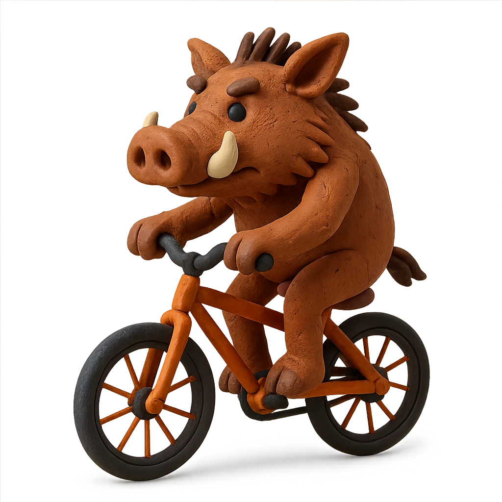 claymation style wild boar riding a bicycle emoji