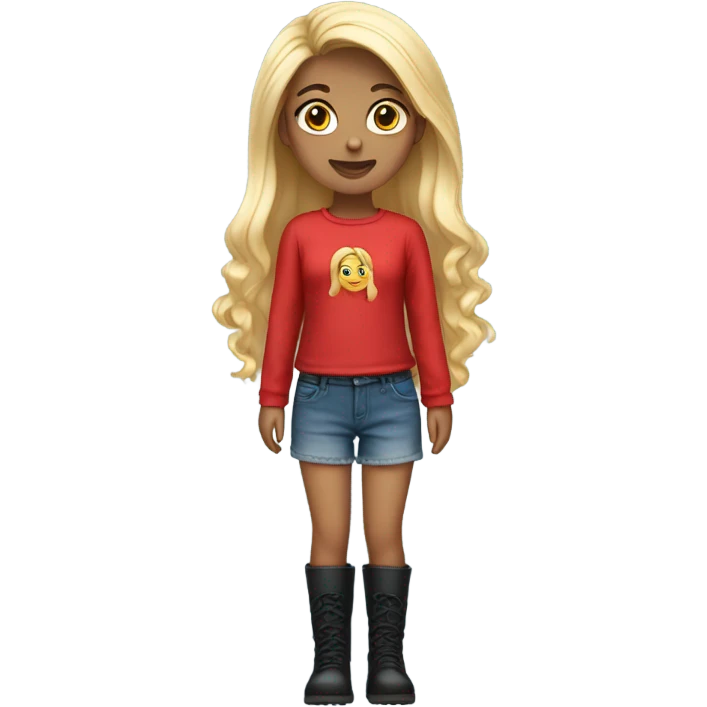 A girl who has long hair wears red top,jeans short dress with long black boots emoji