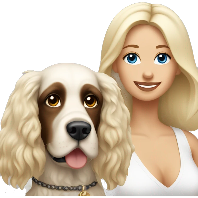 Russian woman with long dark brown hair in a white singlet sits with blonde cocker spaniel emoji