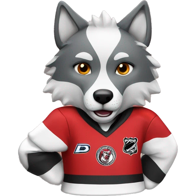 A wolf in a red black and white hockey uniform with a wolf emblem emoji