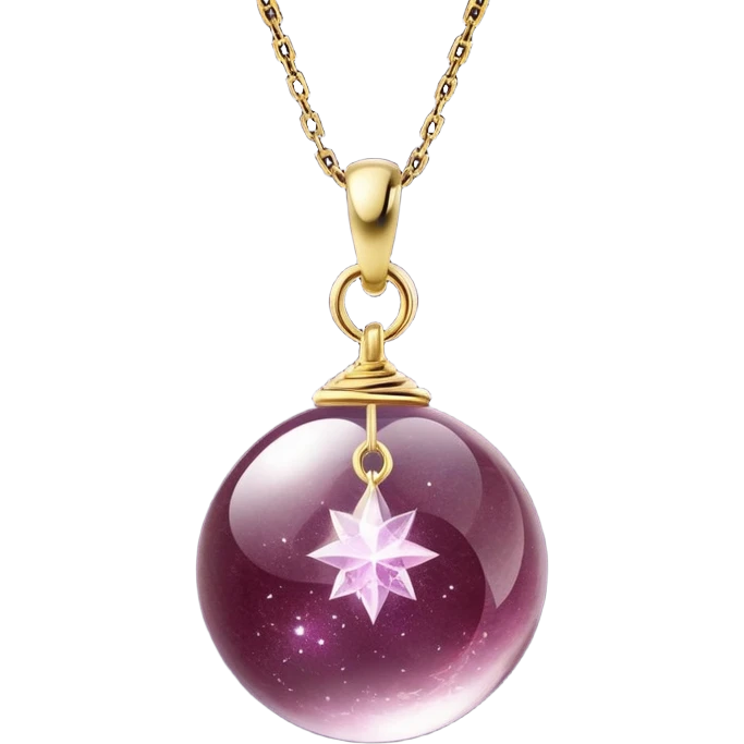 A polished round ball wine granite pendant suspended from a delicate gold chain, like a drop of enchanted starlight, glowing with the warmth of passion and the quiet power of transformation ethereal floating magical moving around... rebirth moving chain emoji