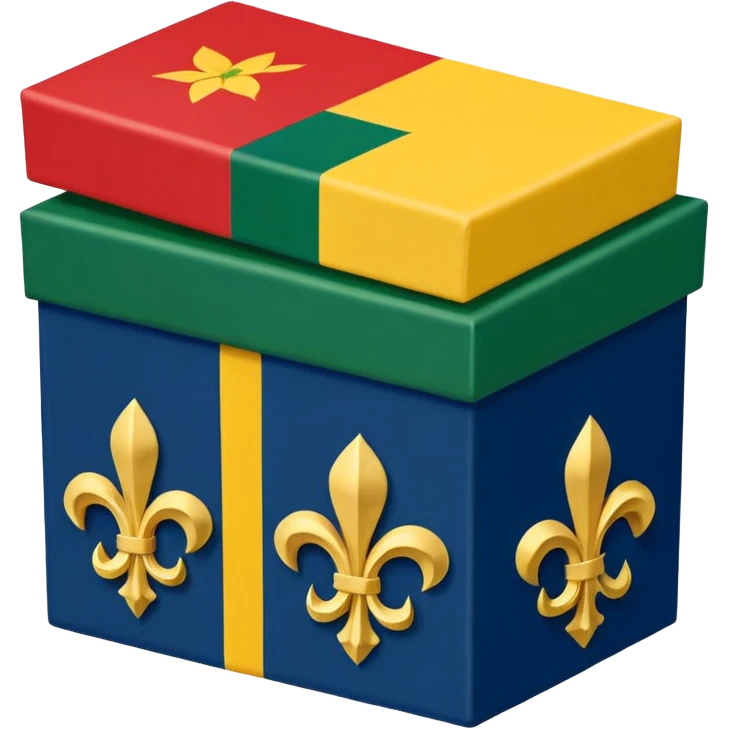 flag with 4 boxes: box1:gold fleur-de-lis on deep blue/black; box2:green, yellow, red stripes in upper right and lower left (box3) with green star in upper right; box4:yellow castle on red in lower right. Flat vector, clean, high contrast, clear at small size. emoji