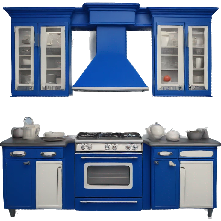 Isolated full length Realistic royal blue vintage retro kitchen range with cabinets and counters. emoji