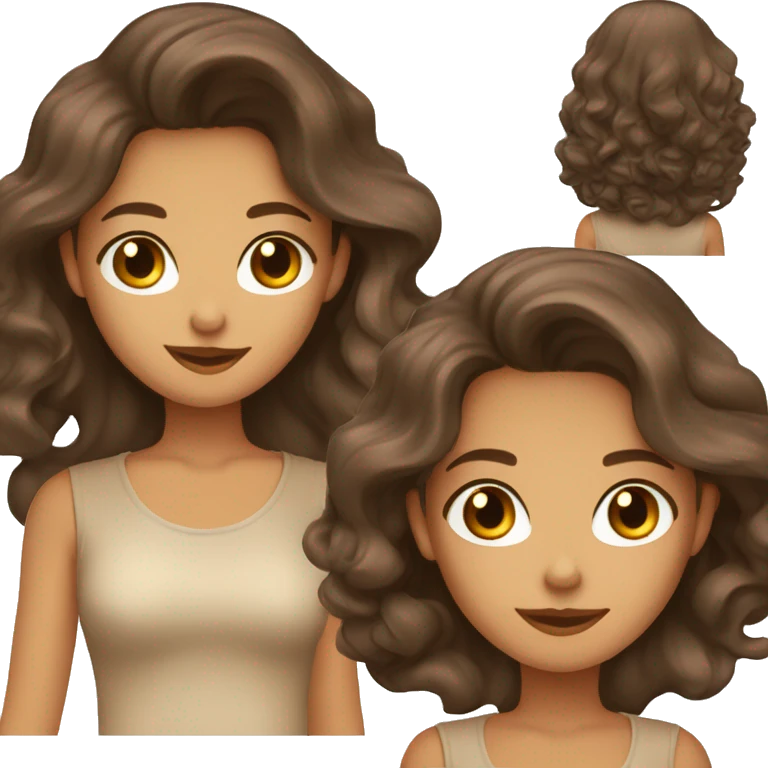 a charming tanned woman long wavy chocolate hair, caramel eyes, beige shirt emoji