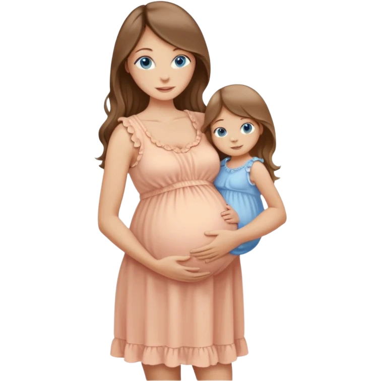 Beautiful Woman with Blue eyes, and long flowing almond brown hair and a light peachy tan skin tone, standing in a relaxed pose holding her baby bump with a visible baby bump in frilly buttercream colored babydoll sundress  emoji