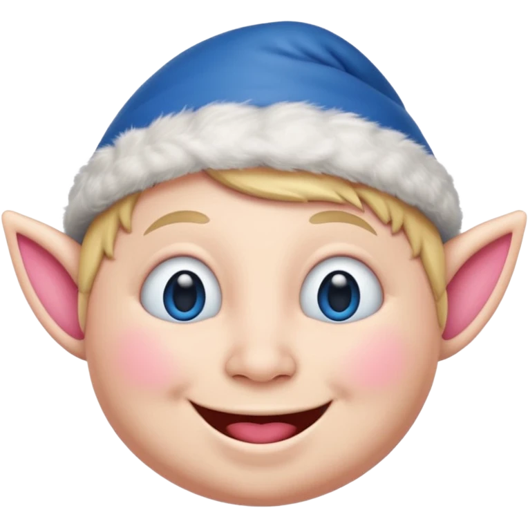 A blue emoji with fat pink cheeks and is smiling like a elf emoji