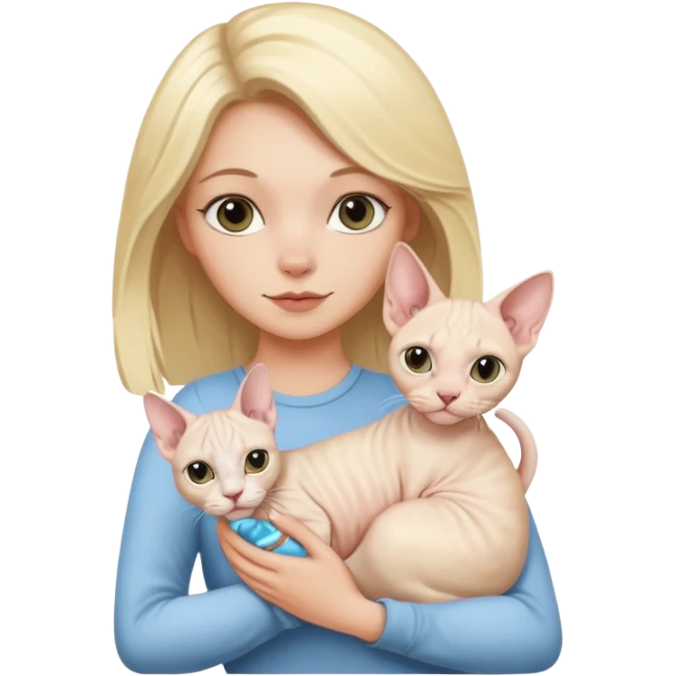 A white girl with blonde hair is holding a white Sphynx cat in her arms emoji