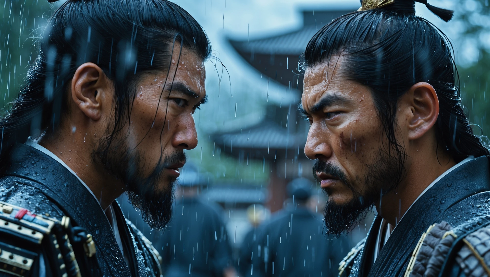 A cinematic scane of a two japan samurai face to face ready to fight during rain, Medium shot, deph composition, tense atmosphere, shot by arri alexa emoji