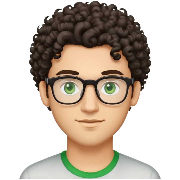young man with dark tall voluminous curly hair styled up high on head, wearing glasses with green eyes and very light stubble, with a slight smile emoji
