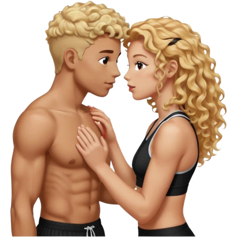 athletic man, high top fade, blonde curly hair only top only, no shirt and Athletic girl with long light RED wavy long hair and black sports, Put them together kissing, or holding hands give the girl red hair  emoji