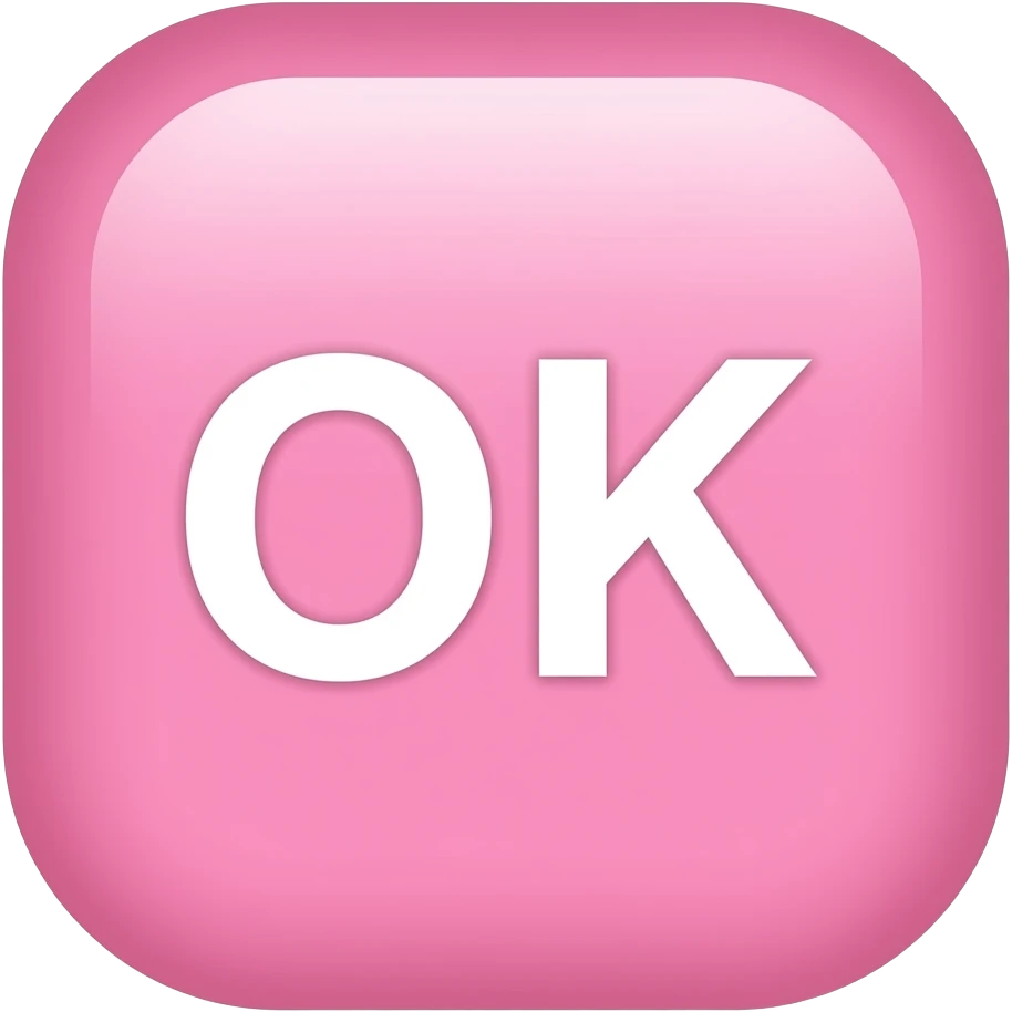 aesthetic pink button, rounded square, "OK" text, soft gradient glow, smooth glossy, minimal UI icon, 3D render emoji