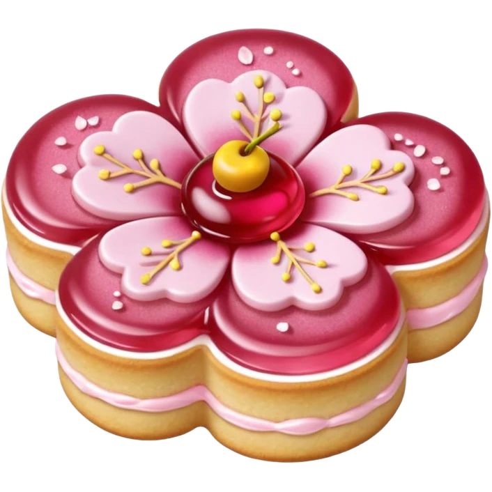 Realistic shortbread cookie in the shape of a cherry blossom with pale pink color jelly middle filling and sprinkled powder sugar on top. emoji