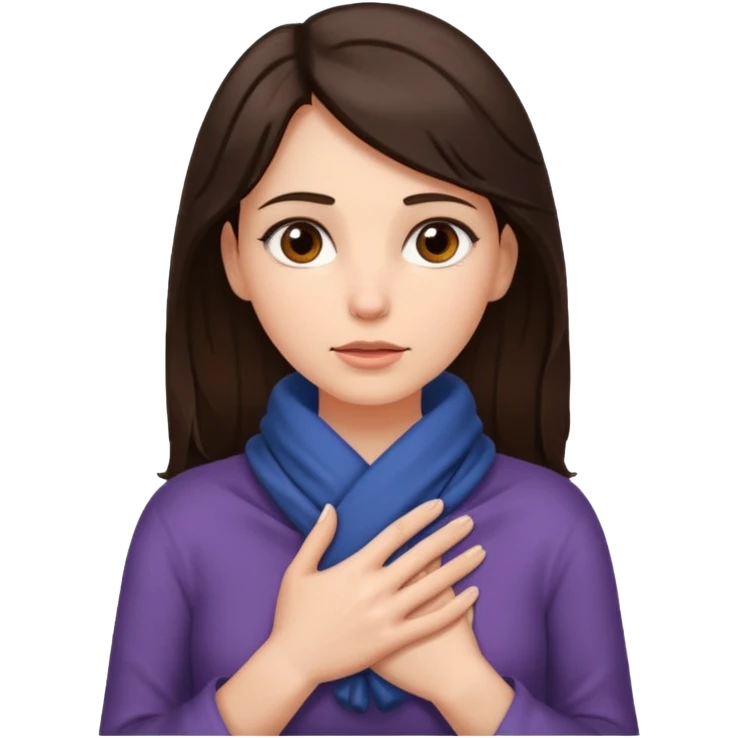 a brunette woman with her hands wrapped fully around her neck emoji