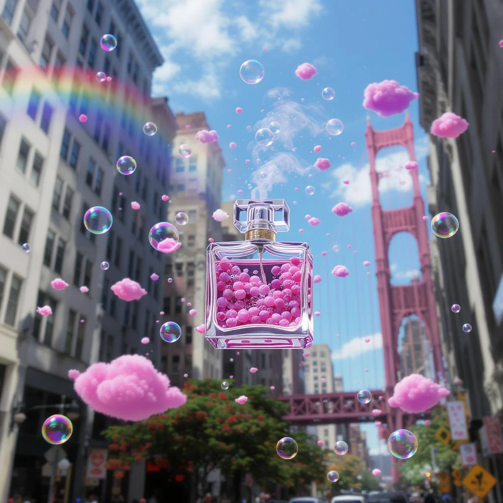Cinematic still perfume inside bubbles flying around San Francisco downtown, sunny summer day, happy vibe, colorfull surround, rainbow, small cute pink clouds around emoji