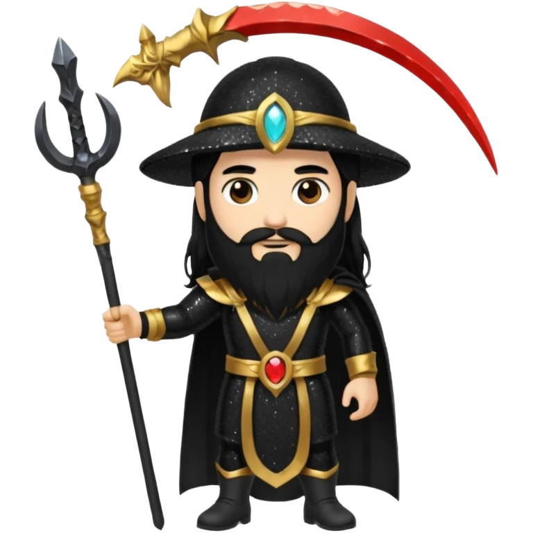Saturn, God of Time with long black hair and beard, black sequin outfit emoji