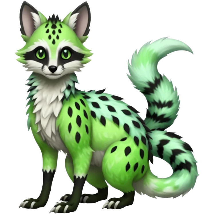 Feral Rare Fantasy   neon-green fur with obsidian-onyx-black points and snowy-white belly  Vernid-Sergal-Genet-Trico-species by LiLaiRa, random markings, tufted tail, tufted ears, full body emoji