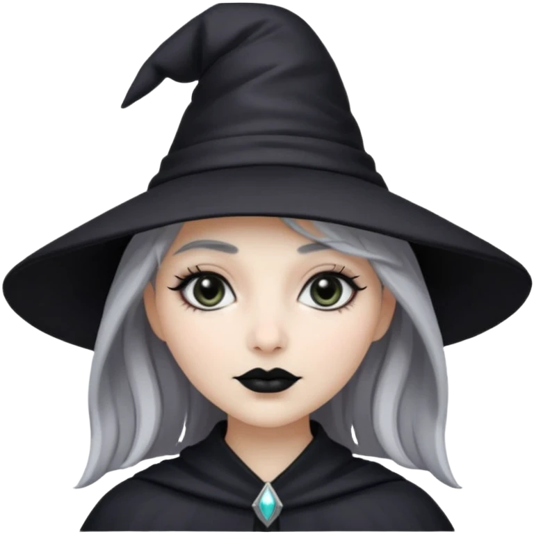 pale girl with grey silver hair, black lipstick, black eyeshadow, black wizard hat  emoji