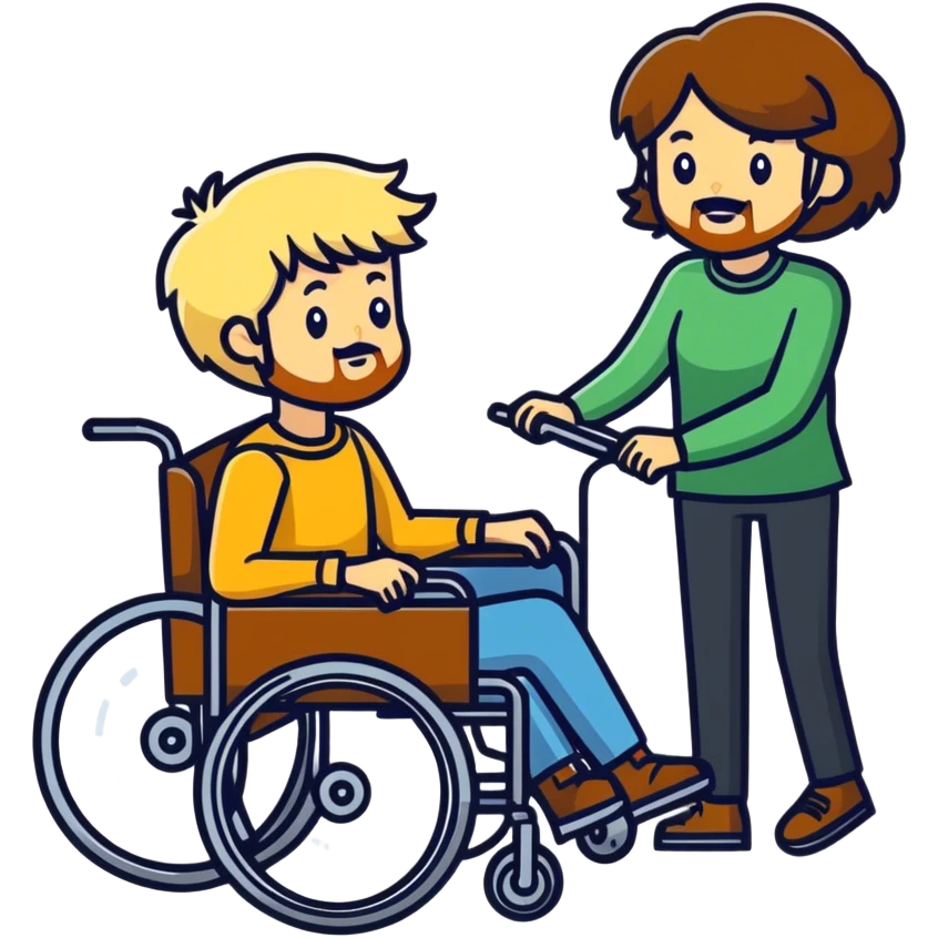 Brown haired bearded son in a wheelchair with blonde women pushing emoji