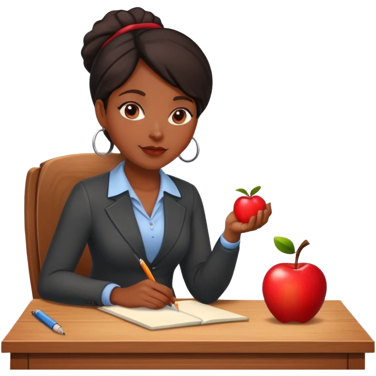 Black female teacher sitting at desk with one apple emoji