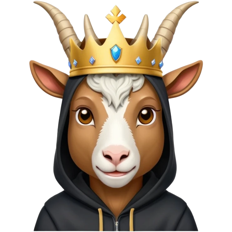 Goat with horns wearing black hoodie and a royal crown emoji