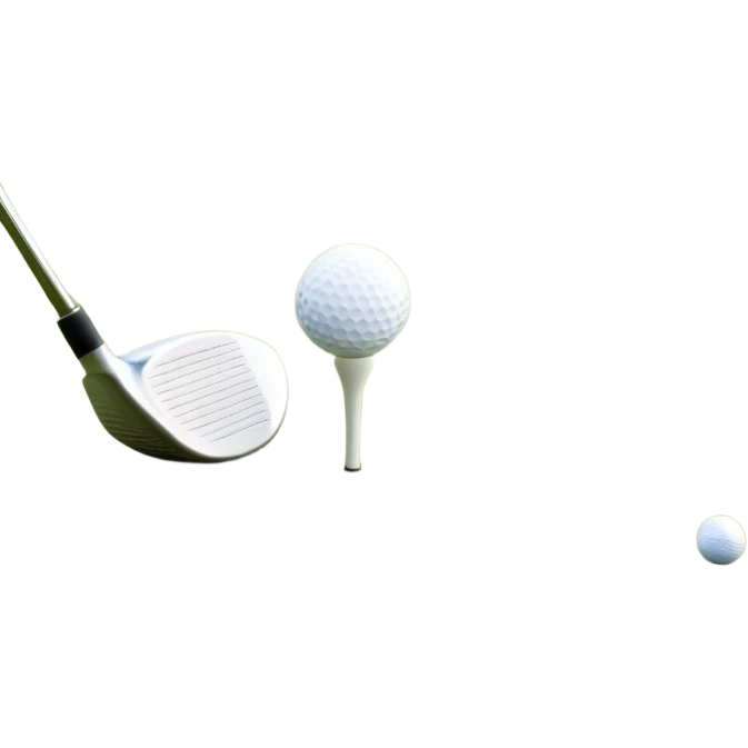 A golf ball on a tee with a golf club placed beside it, set against the backdrop of a well-manicured green golf course. The scene emphasizes the equipment and serene atmosphere of the sport, with soft lighting and a peaceful, open landscape emoji