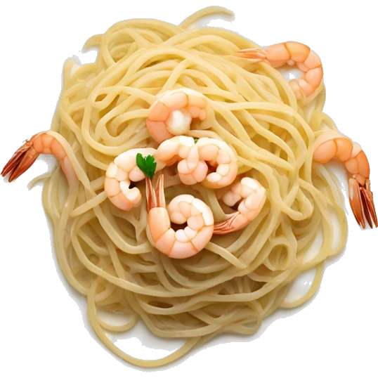 long thin linguine pasta noodles on a plate with white sauce and shrimp top down view high contrast background emoji